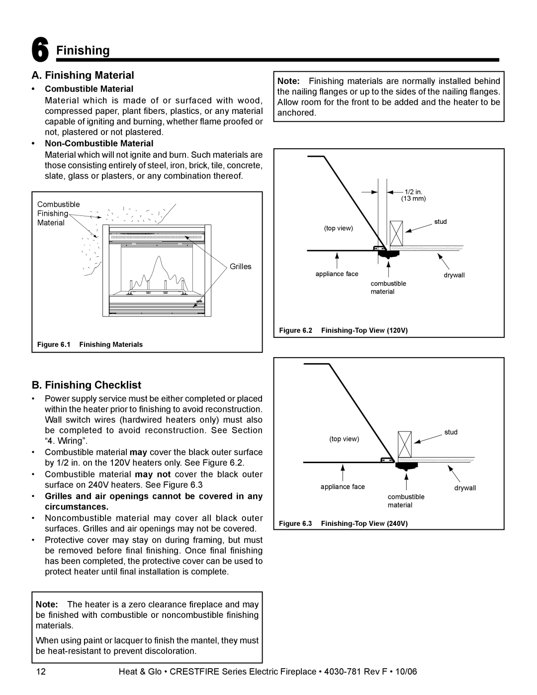 Heat & Glo LifeStyle CF550E-B owner manual Finishing Material, Finishing Checklist, Non-Combustible Material 