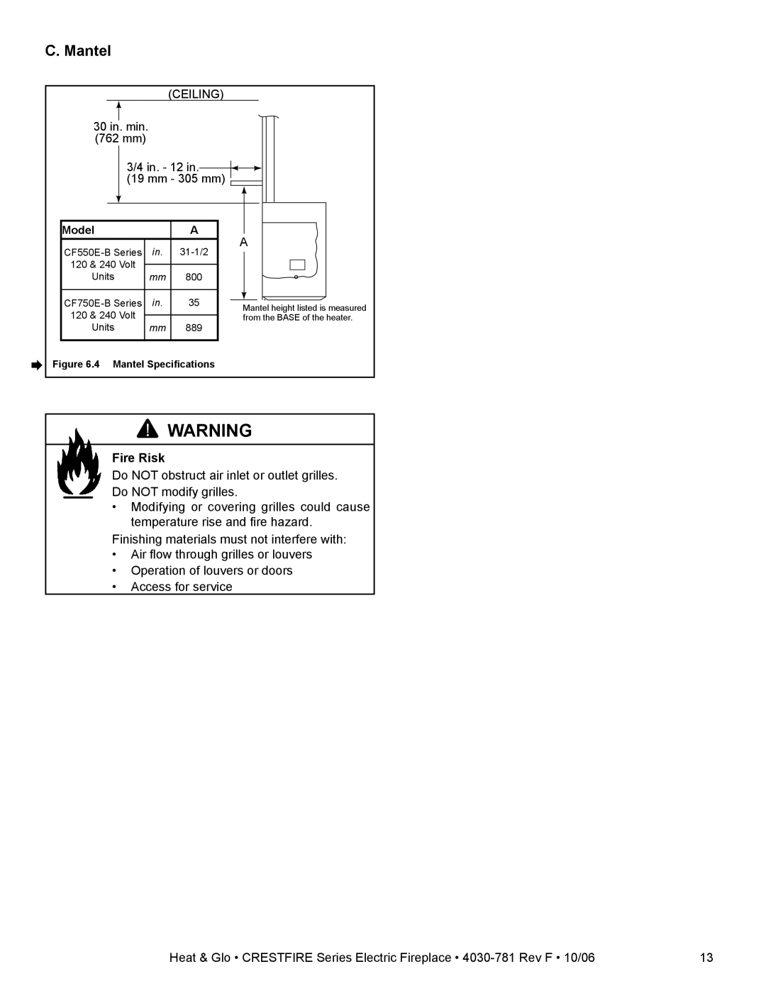 Heat & Glo LifeStyle CF550E-B owner manual Mantel, Ceiling 