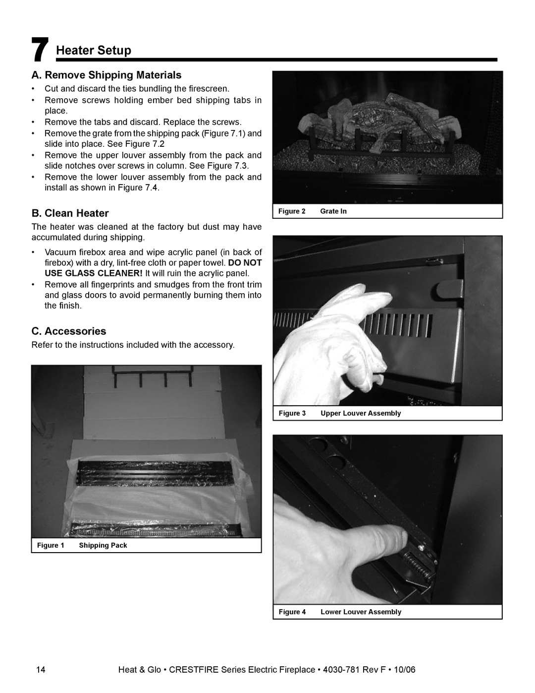 Heat & Glo LifeStyle CF550E-B owner manual Heater Setup, Remove Shipping Materials, Clean Heater, Accessories 