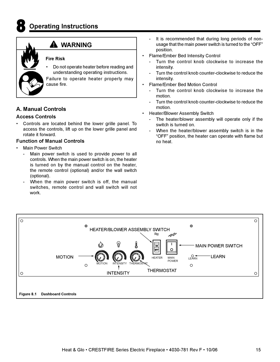 Heat & Glo LifeStyle CF550E-B owner manual Operating Instructions, Manual Controls 