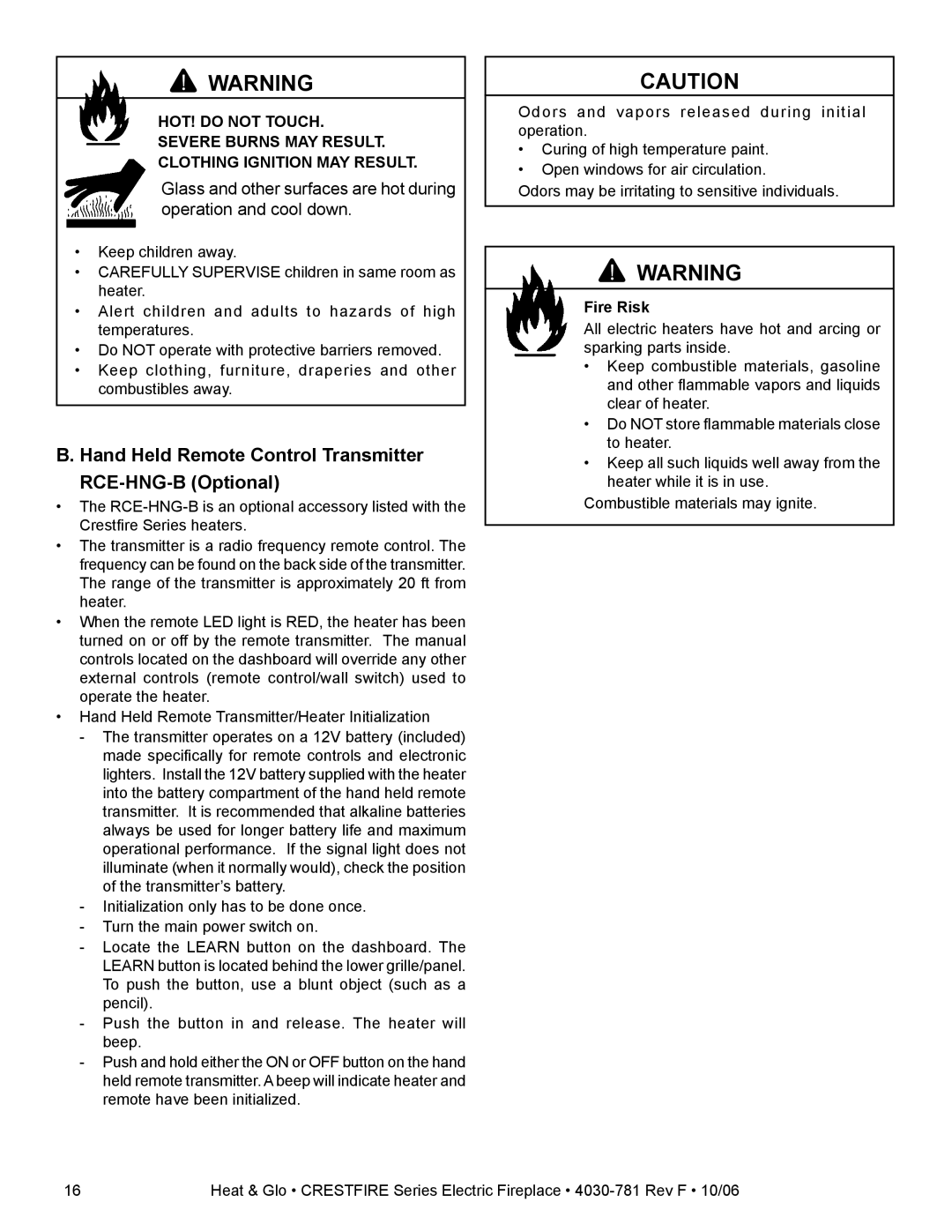 Heat & Glo LifeStyle CF550E-B owner manual Hand Held Remote Control Transmitter RCE-HNG-B Optional 