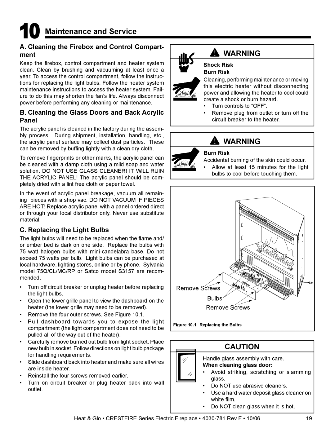 Heat & Glo LifeStyle CF550E-B owner manual Maintenance and Service, Cleaning the Firebox and Control Compart- ment 