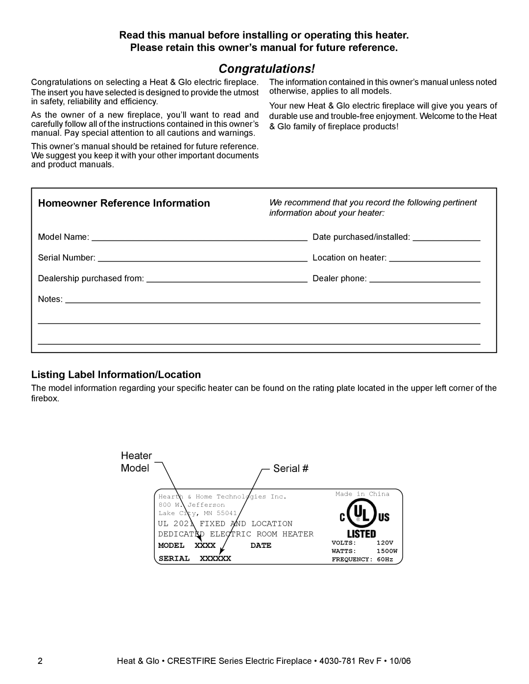 Heat & Glo LifeStyle CF550E-B owner manual Congratulations, Listing Label Information/Location 