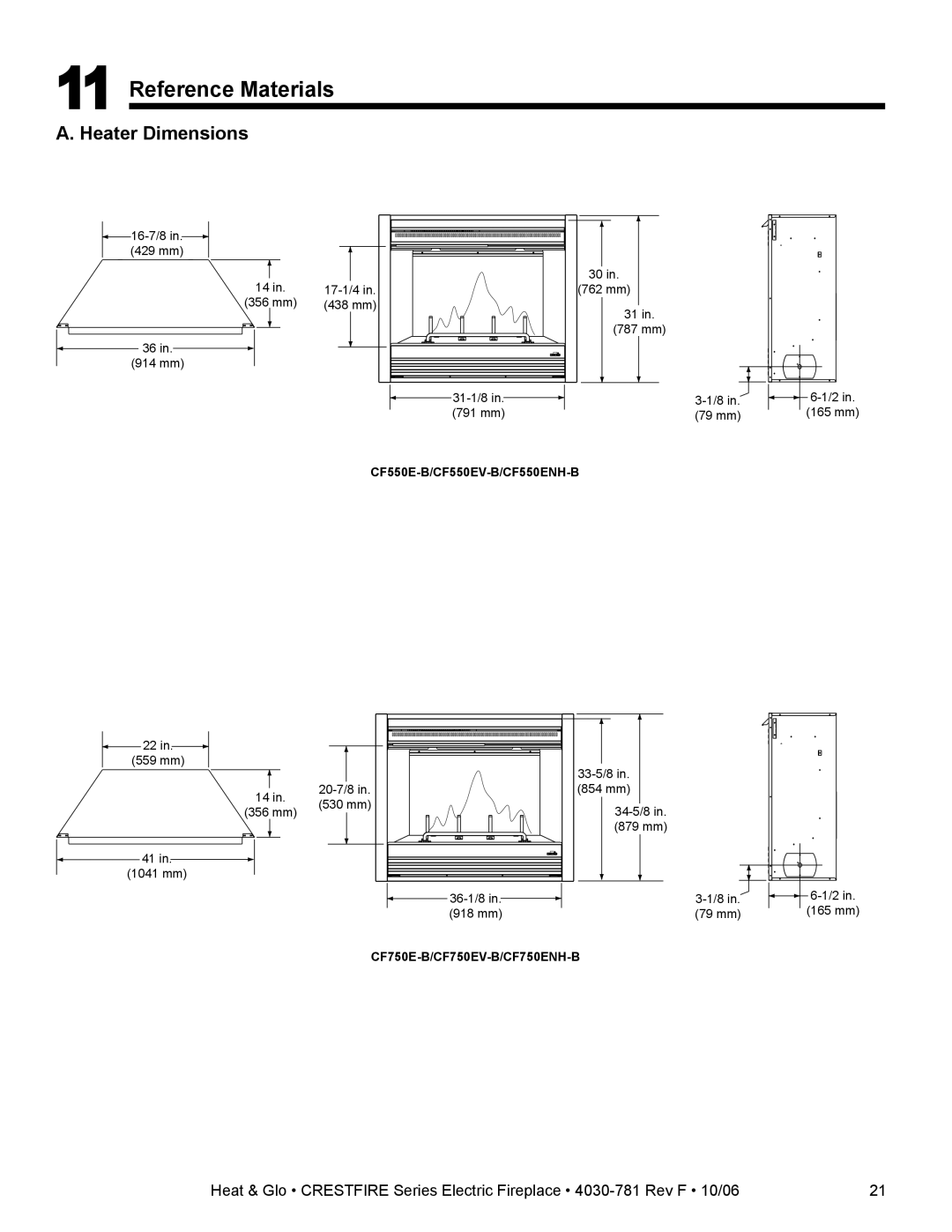 Heat & Glo LifeStyle CF550E-B owner manual Reference Materials, Heater Dimensions 