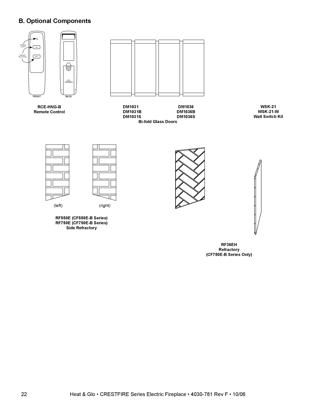 Heat & Glo LifeStyle CF550E-B owner manual Optional Components, Rce-Hng-B 