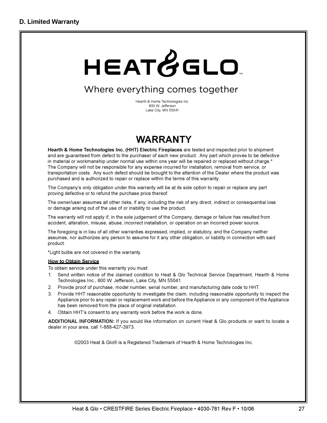 Heat & Glo LifeStyle CF550E-B owner manual Limited Warranty 