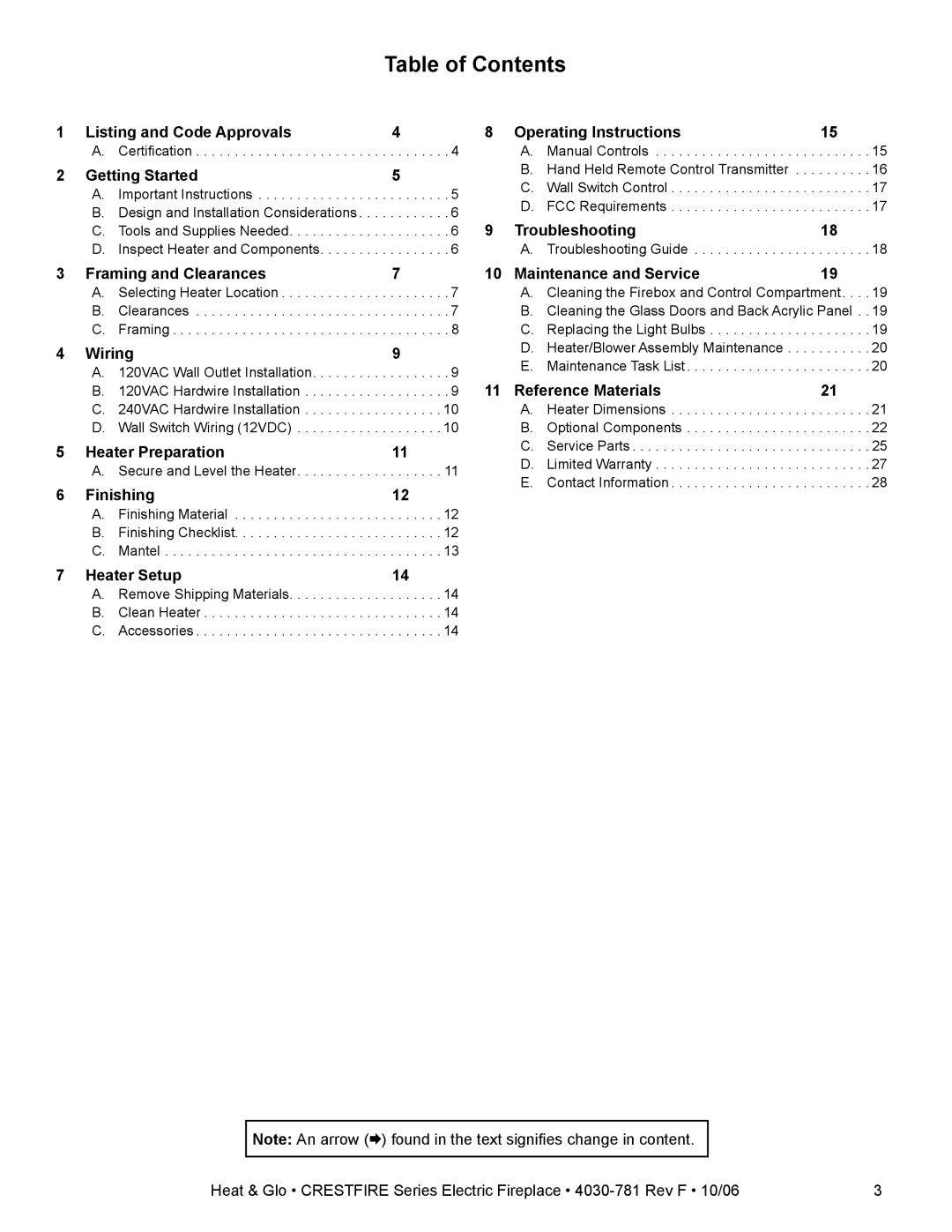 Heat & Glo LifeStyle CF550E-B owner manual Table of Contents 