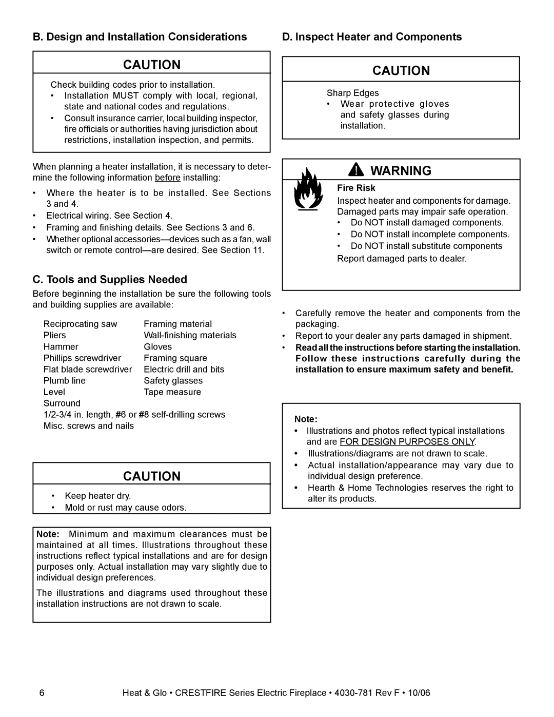 Heat & Glo LifeStyle CF550E-B owner manual Tools and Supplies Needed, Fire Risk 