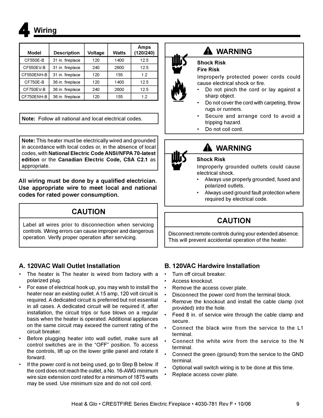 Heat & Glo LifeStyle CF550E-B Wiring, 120VAC Wall Outlet Installation, 120VAC Hardwire Installation, Shock Risk Fire Risk 