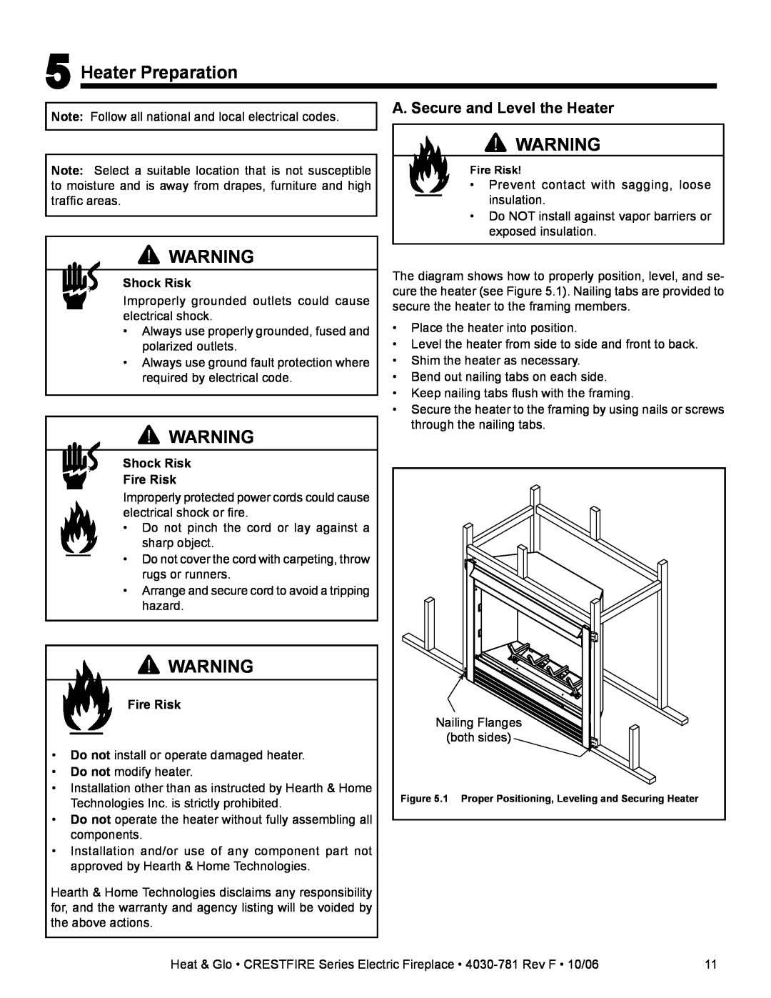 Heat & Glo LifeStyle CF550E-B owner manual Heater Preparation, A. Secure and Level the Heater 