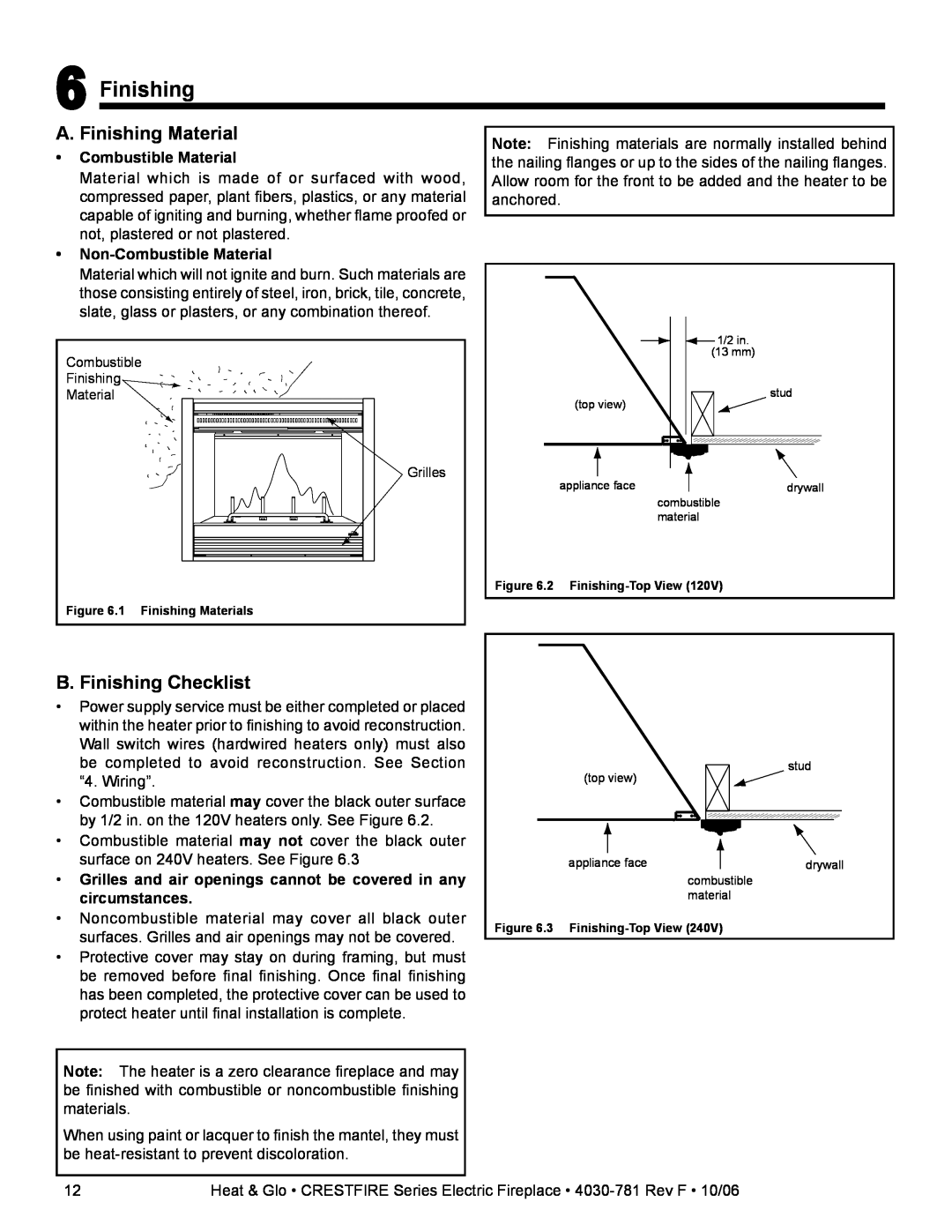 Heat & Glo LifeStyle CF550E-B owner manual A. Finishing Material, B. Finishing Checklist 