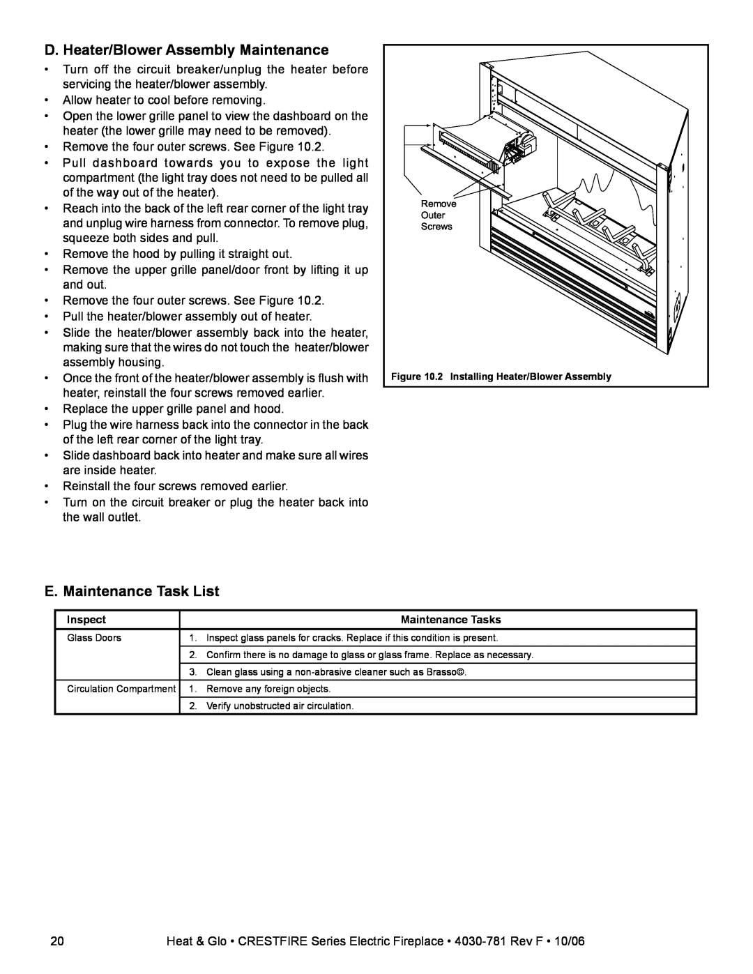 Heat & Glo LifeStyle CF550E-B owner manual D. Heater/Blower Assembly Maintenance, E. Maintenance Task List 