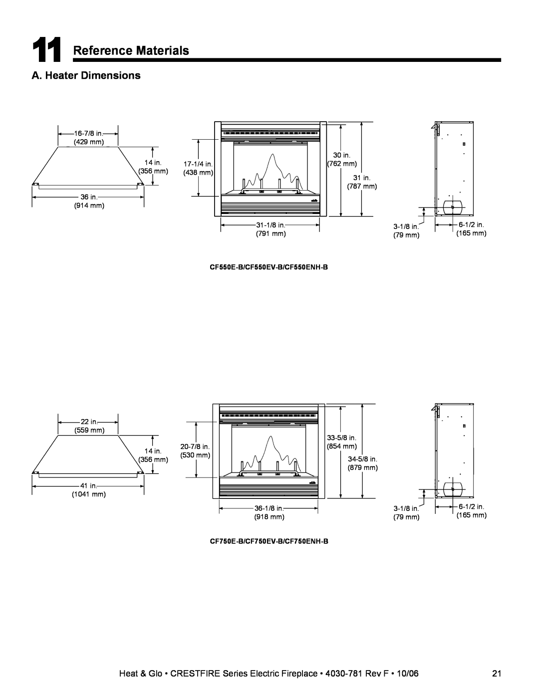 Heat & Glo LifeStyle owner manual Reference Materials, A. Heater Dimensions, CF550E-B/CF550EV-B/CF550ENH-B 