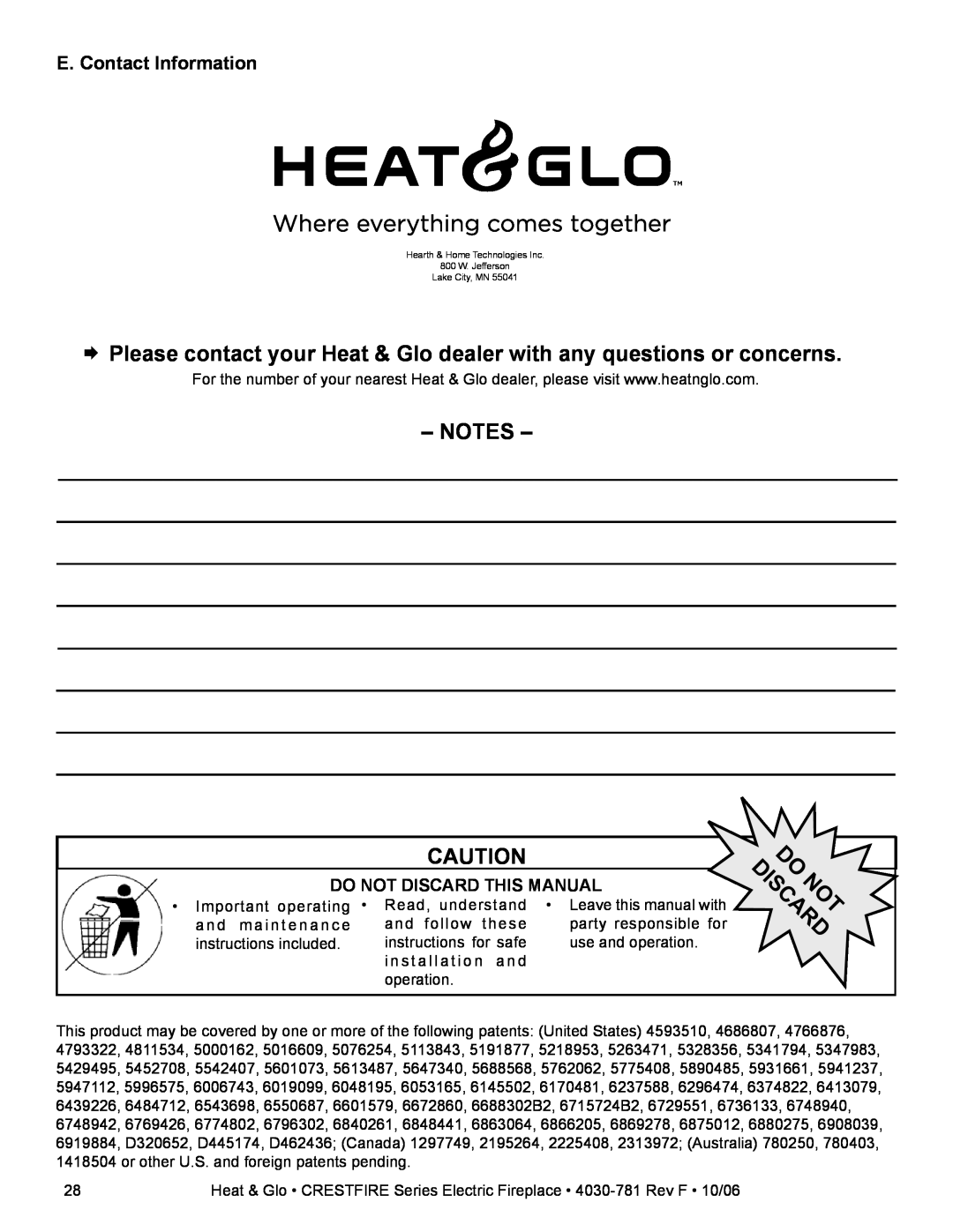 Heat & Glo LifeStyle CF550E-B owner manual E. Contact Information, Do Not Discard This Manual 