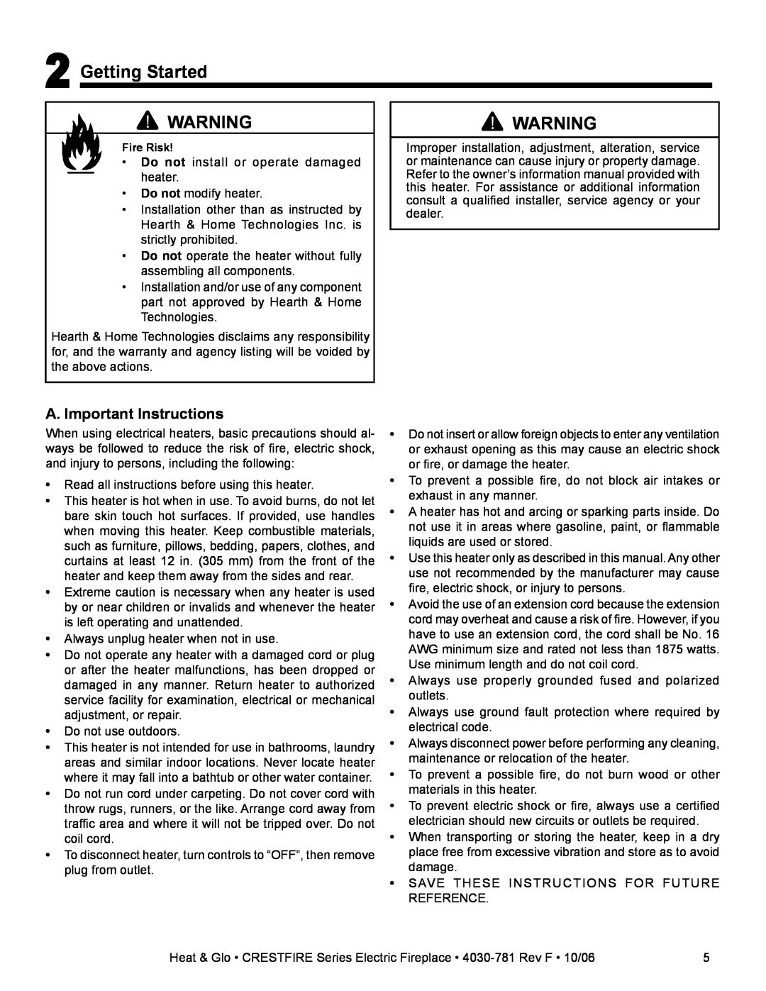 Heat & Glo LifeStyle CF550E-B owner manual Getting Started, A. Important Instructions 