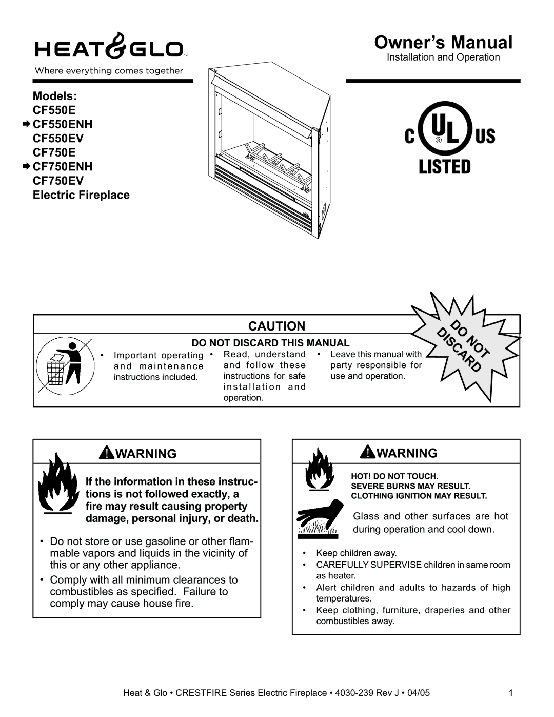 Heat & Glo LifeStyle CF550ENH, CF750EV, CF750ENH owner manual CF550EV 