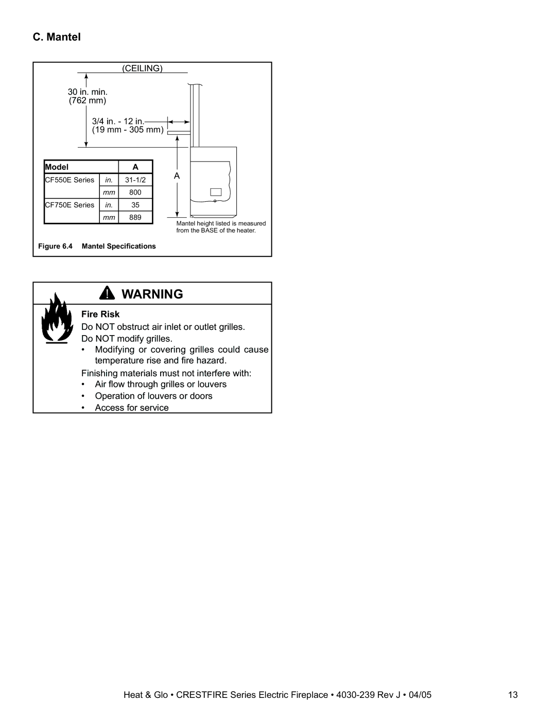 Heat & Glo LifeStyle CF550ENH, CF750EV, CF550EV, CF750ENH owner manual Mantel, Ceiling 