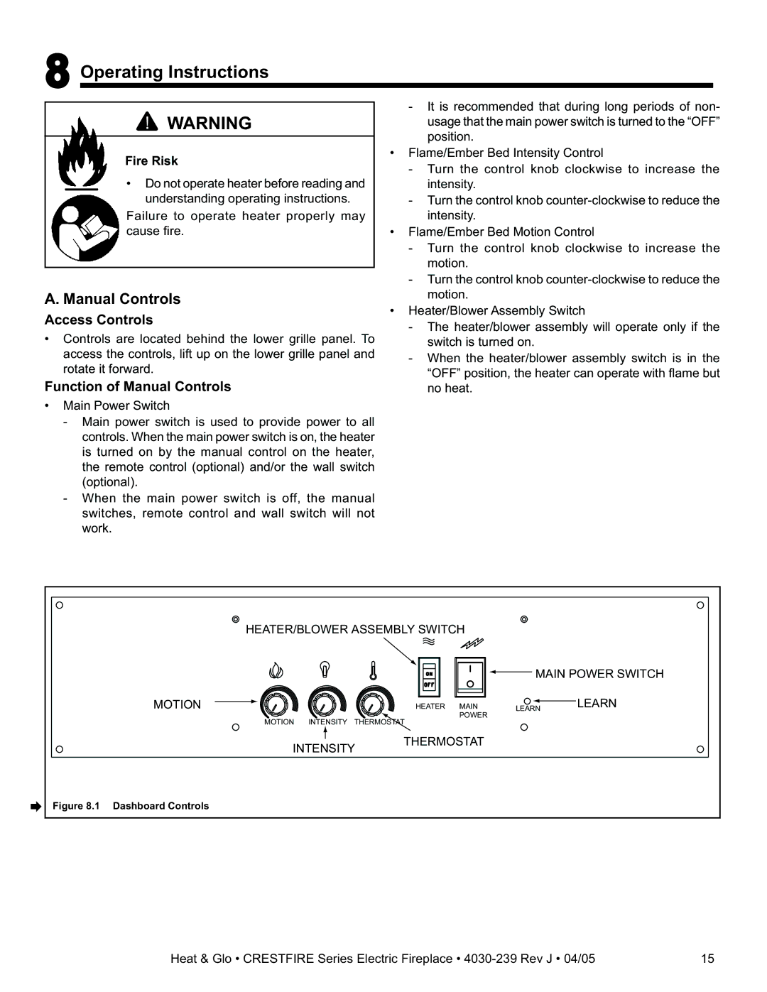 Heat & Glo LifeStyle CF550ENH, CF750EV Operating Instructions, Access Controls, Function of Manual Controls 