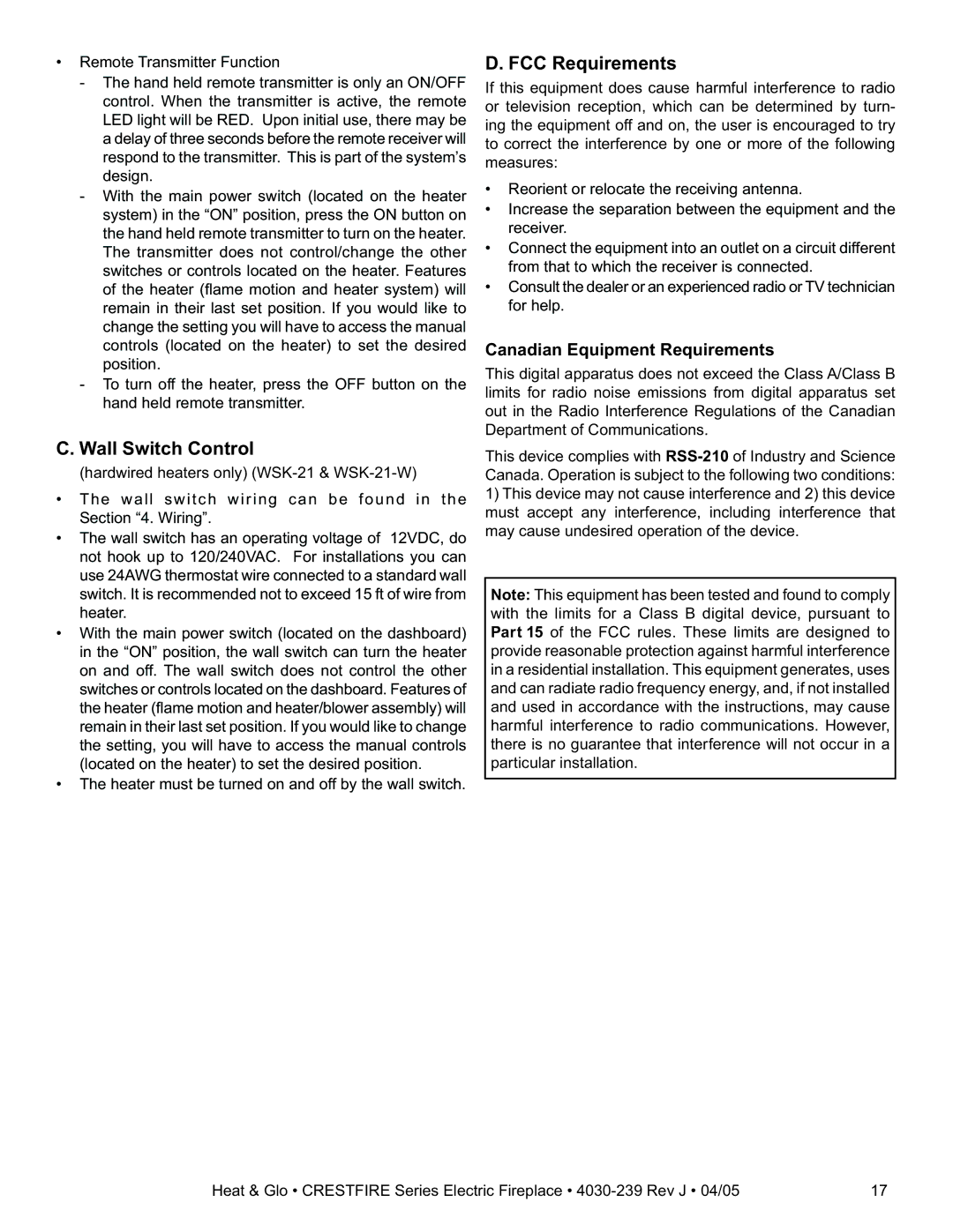 Heat & Glo LifeStyle CF750ENH, CF550ENH, CF750EV Wall Switch Control, FCC Requirements, Canadian Equipment Requirements 