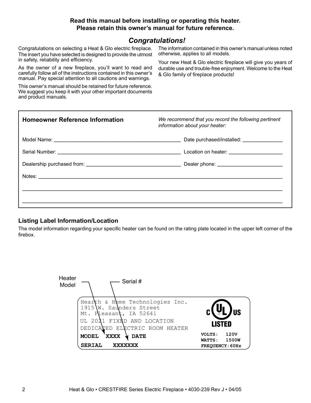 Heat & Glo LifeStyle CF750EV Homeowner Reference Information, Listing Label Information/Location, Heater Serial # Model 