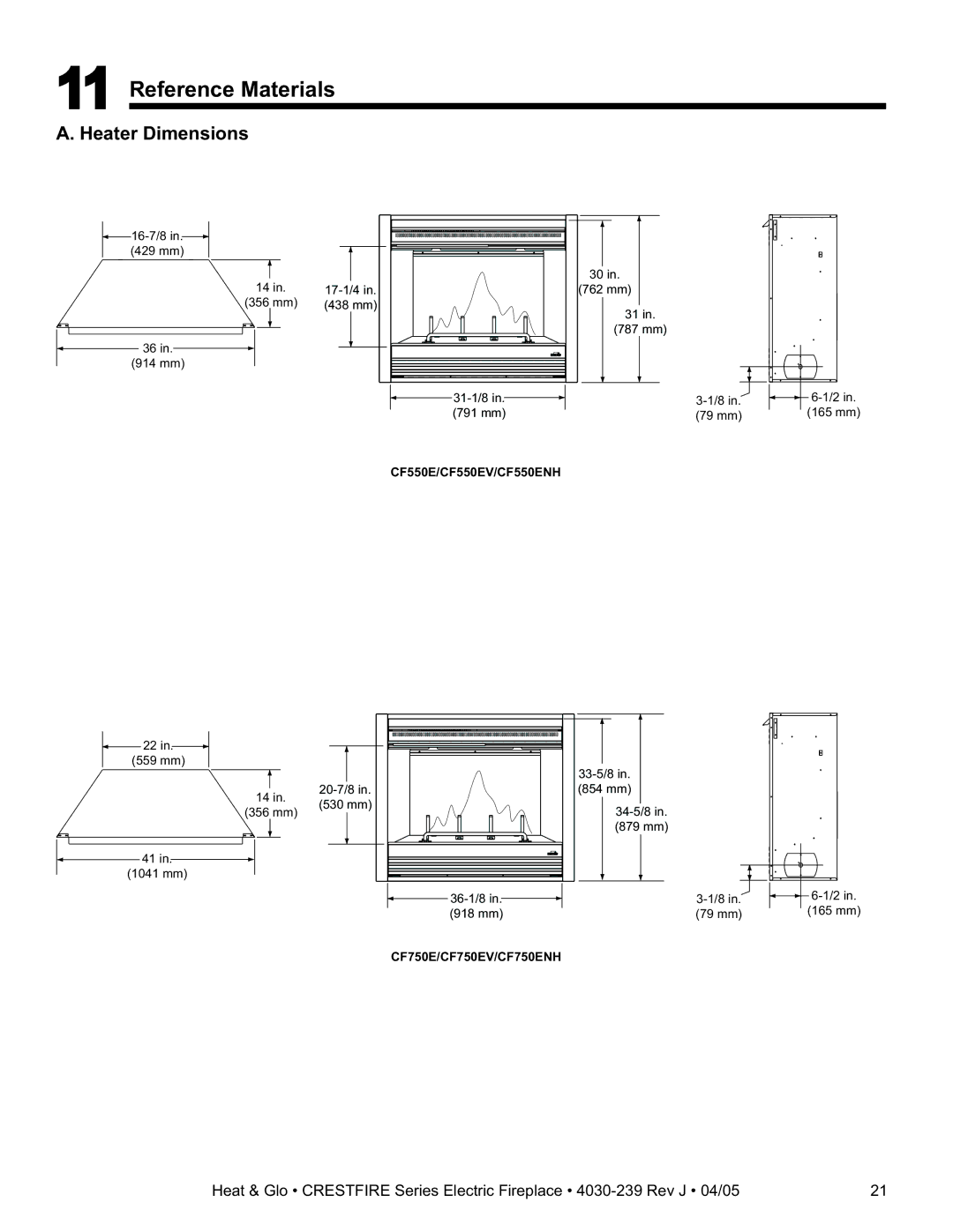 Heat & Glo LifeStyle CF550ENH, CF750EV, CF550EV, CF750ENH owner manual Reference Materials, Heater Dimensions 