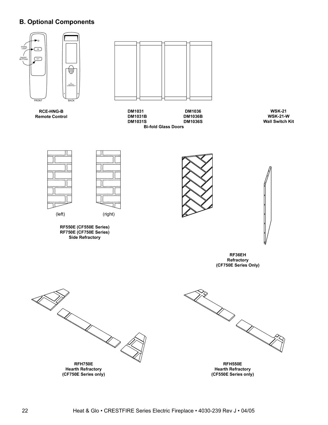 Heat & Glo LifeStyle CF550EV, CF550ENH, CF750EV, CF750ENH owner manual Optional Components, Rce-Hng-B 