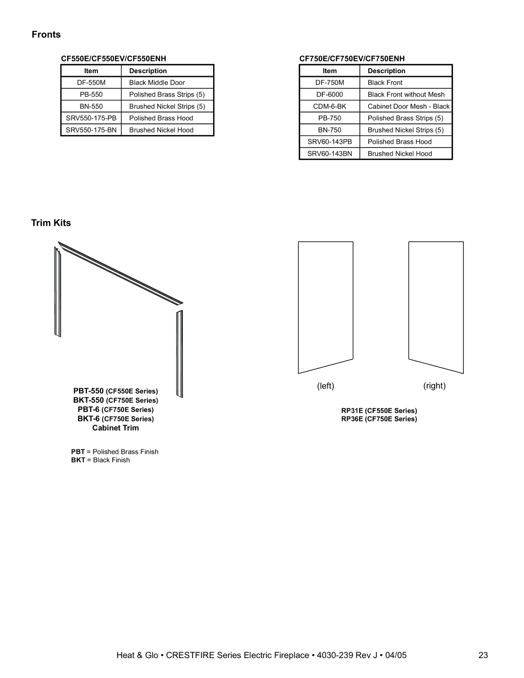 Heat & Glo LifeStyle CF750ENH, CF550ENH, CF750EV, CF550EV owner manual Fronts, Trim Kits, Left Right 