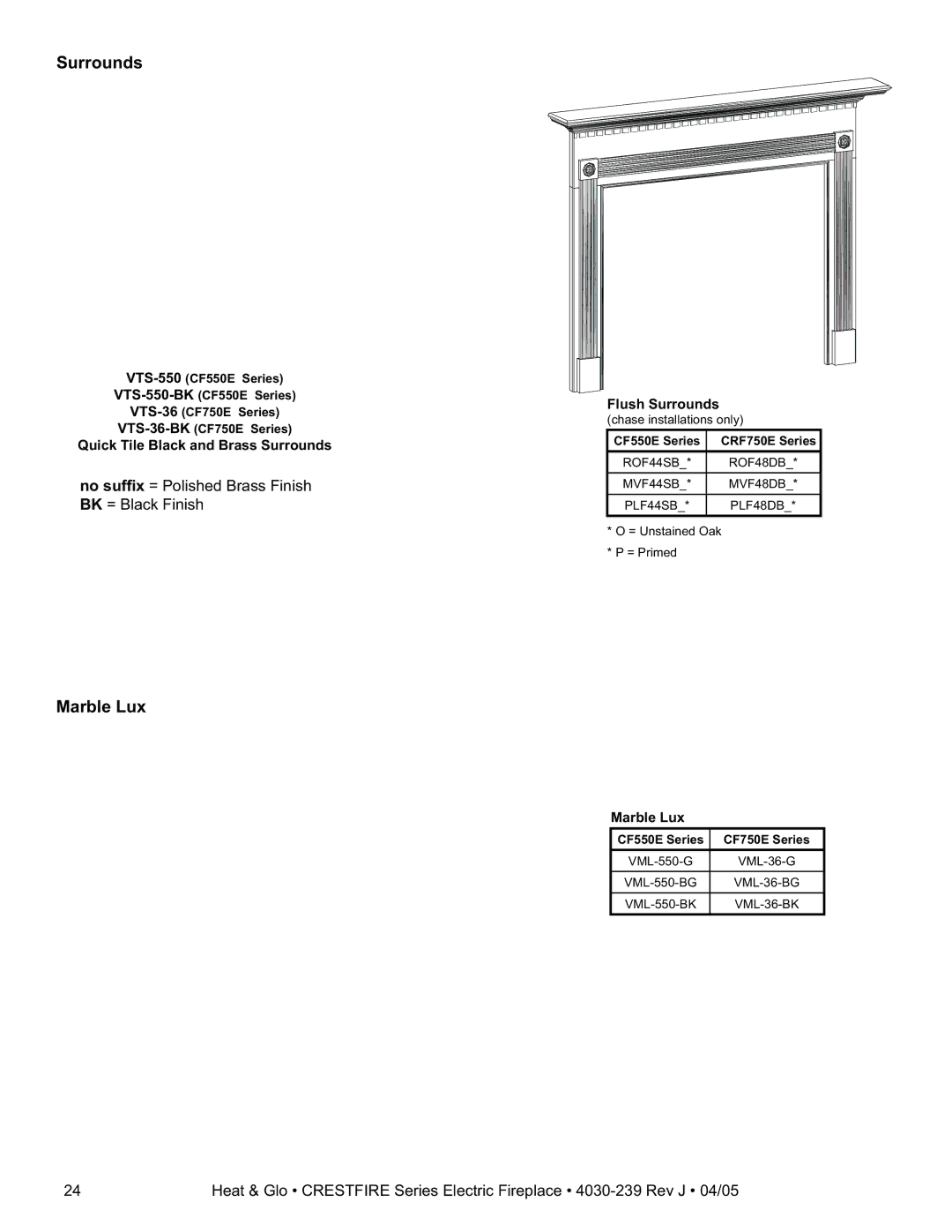 Heat & Glo LifeStyle CF550ENH, CF750EV, CF550EV, CF750ENH owner manual Surrounds, Marble Lux 