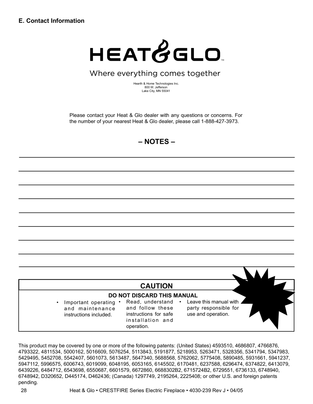 Heat & Glo LifeStyle CF550EV, CF550ENH, CF750EV, CF750ENH owner manual Contact Information 