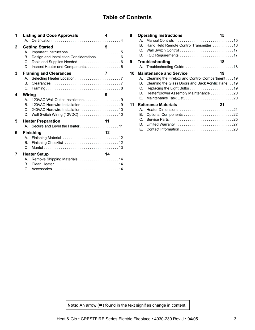 Heat & Glo LifeStyle CF550ENH, CF750EV, CF550EV, CF750ENH owner manual Table of Contents 