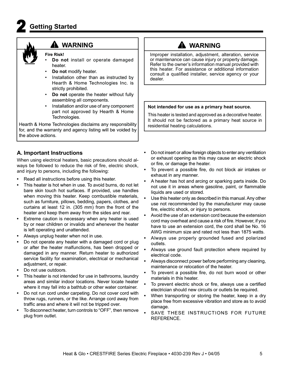 Heat & Glo LifeStyle CF750ENH Getting Started, Important Instructions, Not intended for use as a primary heat source 