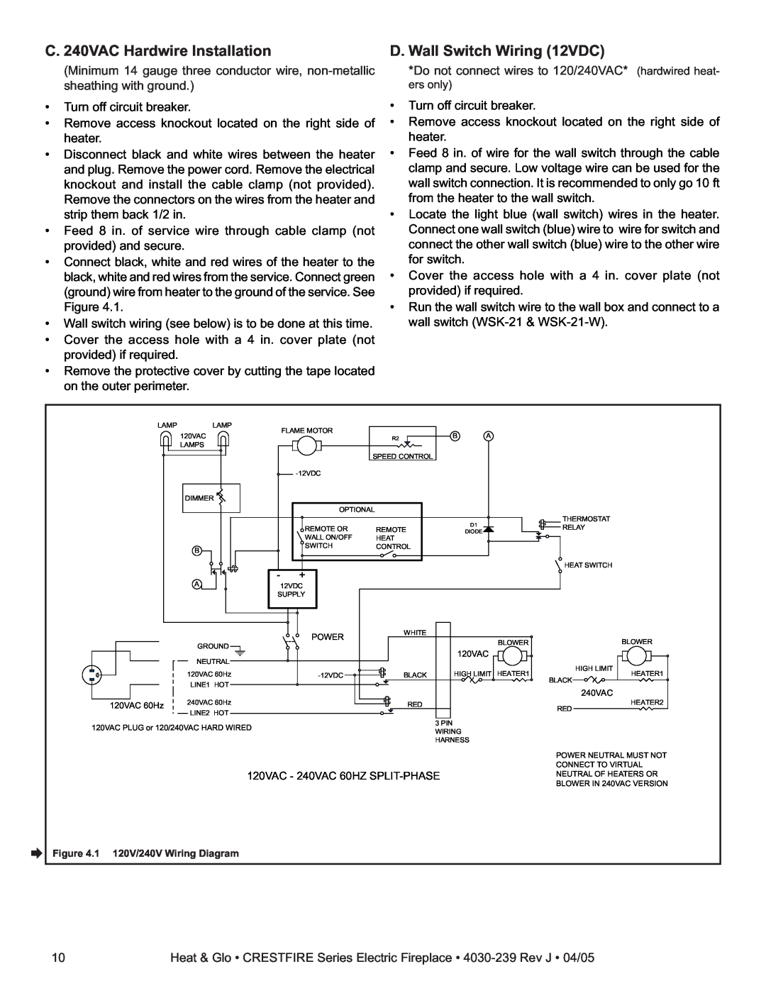 Heat & Glo LifeStyle CF550EV, CF550ENH, CF750EV, CF750ENH C. 240VAC Hardwire Installation, D. Wall Switch Wiring 12VDC 
