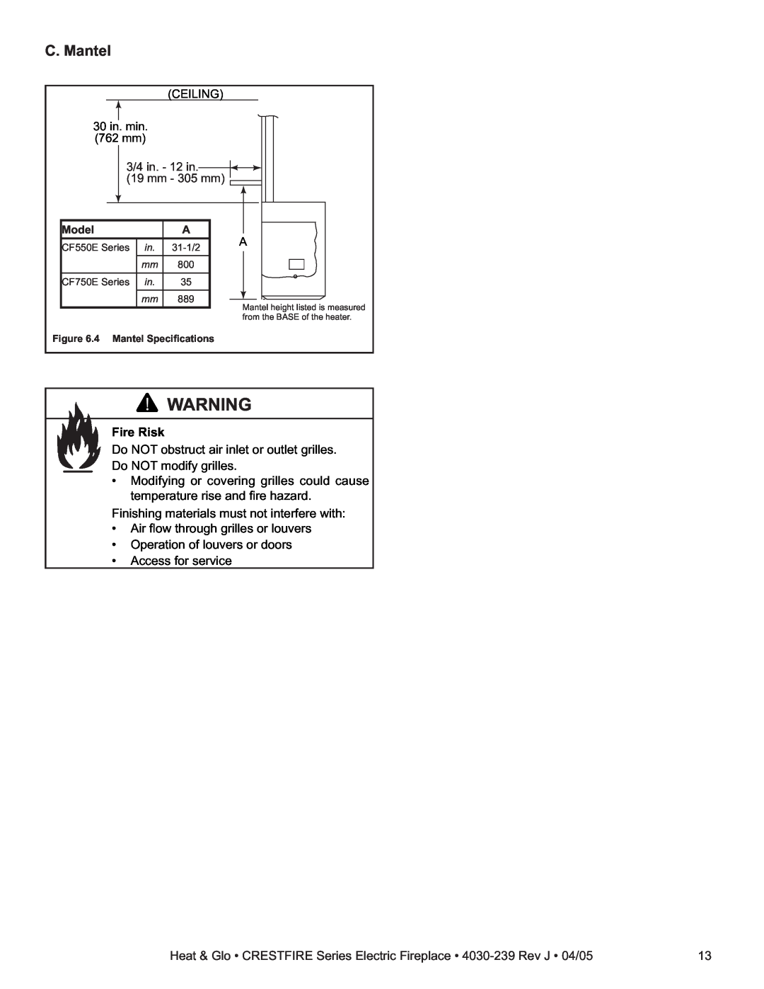 Heat & Glo LifeStyle CF550ENH, CF750EV, CF550EV, CF750ENH owner manual C. Mantel, Fire Risk 