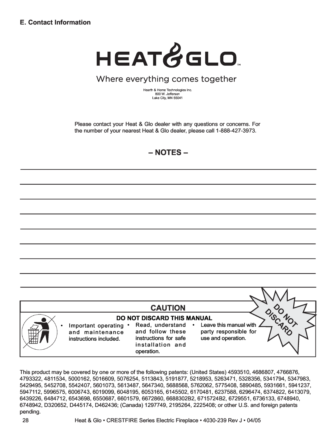 Heat & Glo LifeStyle CF550EV, CF550ENH, CF750EV E. Contact Information, Do Not Discard This Manual, Do Discardnot 