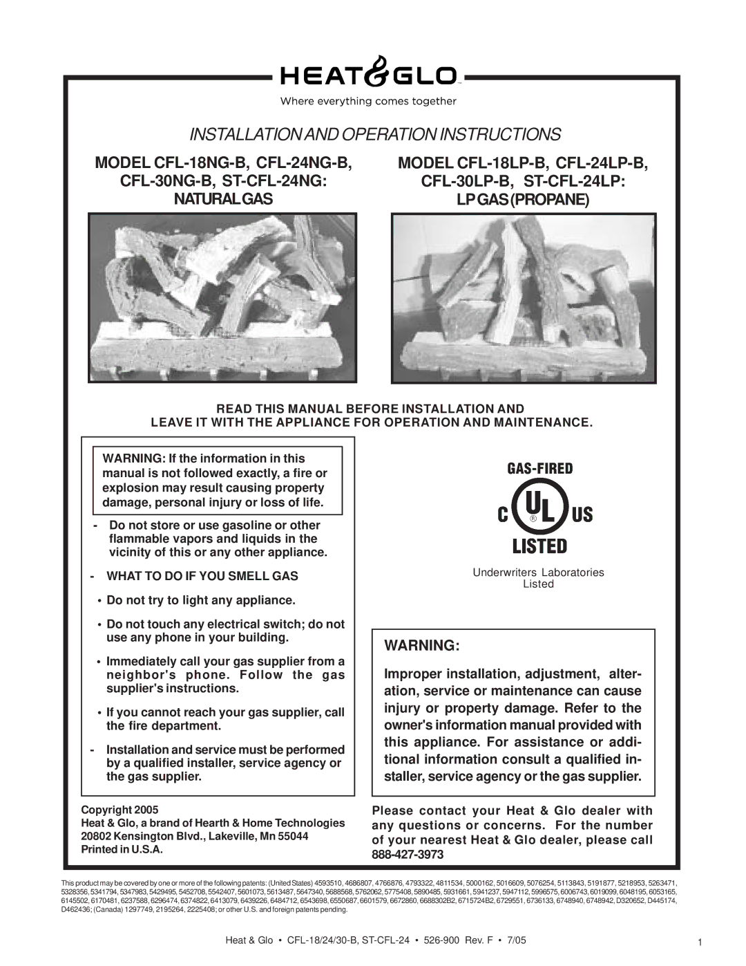 Heat & Glo LifeStyle CFL-24LP-B, CFL-30LP-B, CFL-18LP-B, ST-CFL-24LP manual Installationand Operation Instructions 