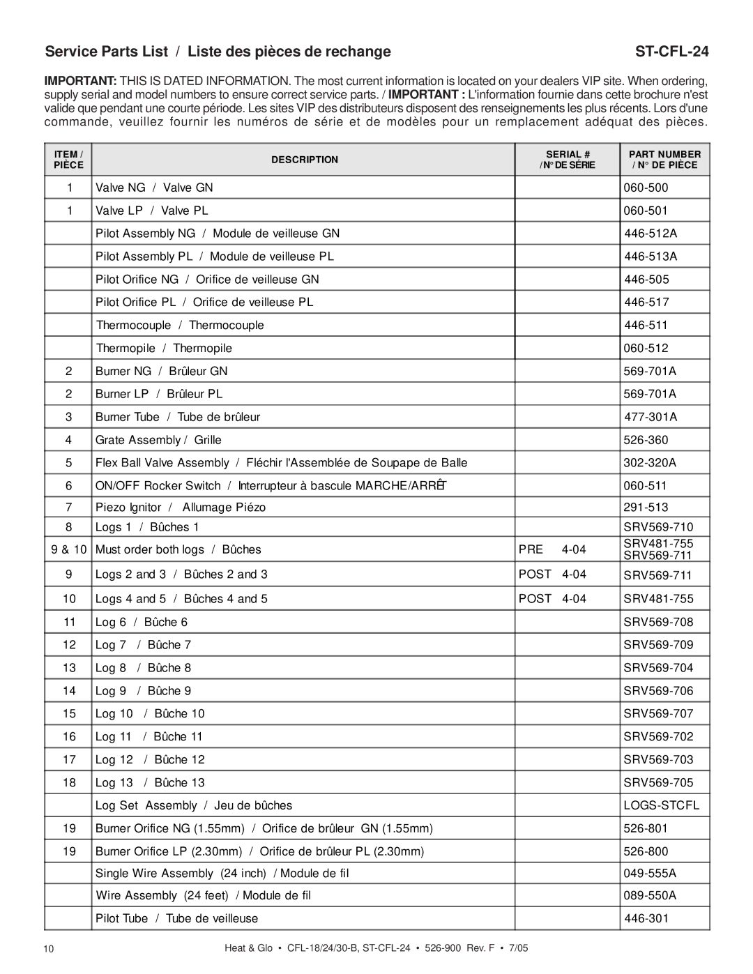 Heat & Glo LifeStyle CFL-18LP-B, CFL-30LP-B, CFL-24LP-B manual Service Parts List / Liste des pièces de rechange, ST-CFL-24 