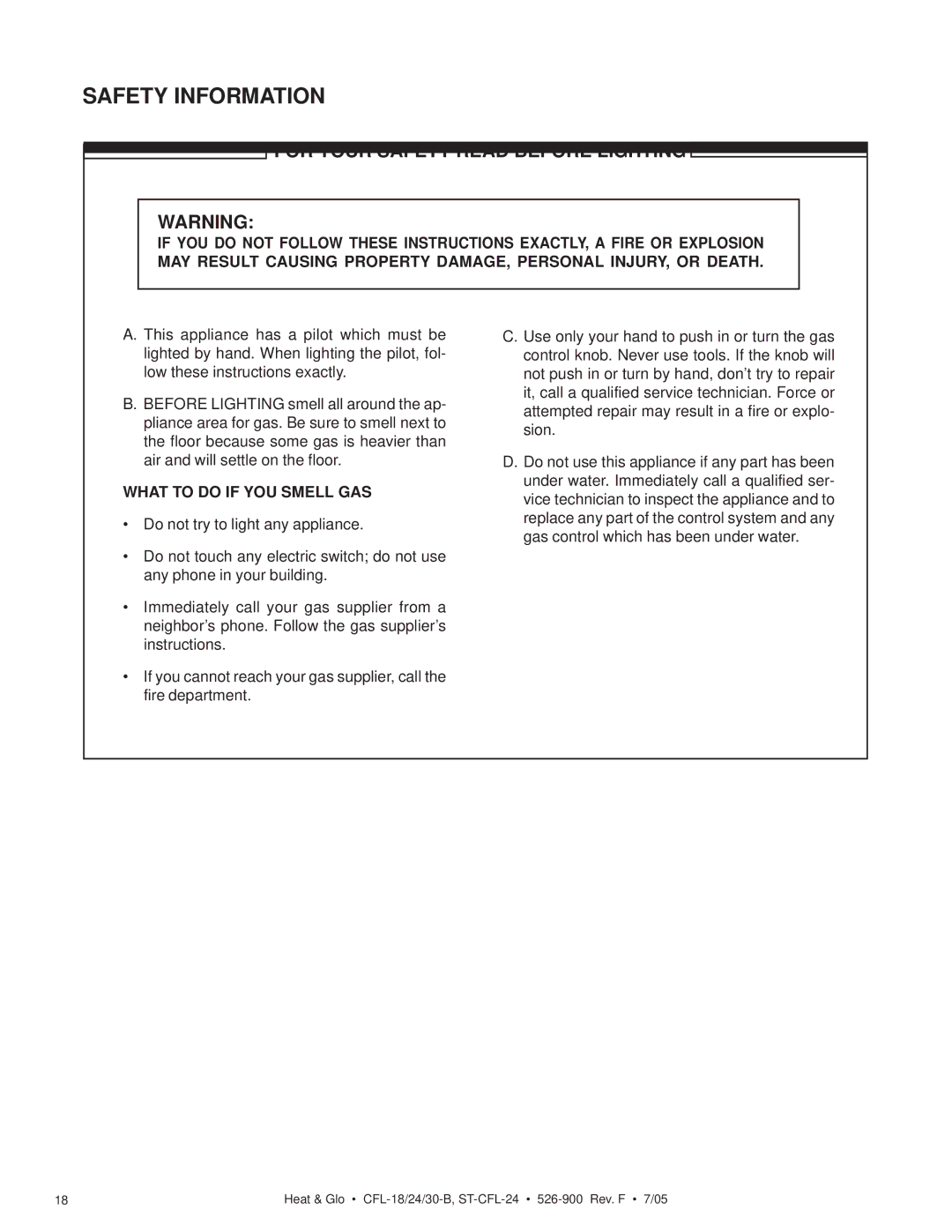 Heat & Glo LifeStyle CFL-18LP-B, CFL-30LP-B, CFL-24LP-B manual Safety Information, For Your Safety Read Before Lighting 