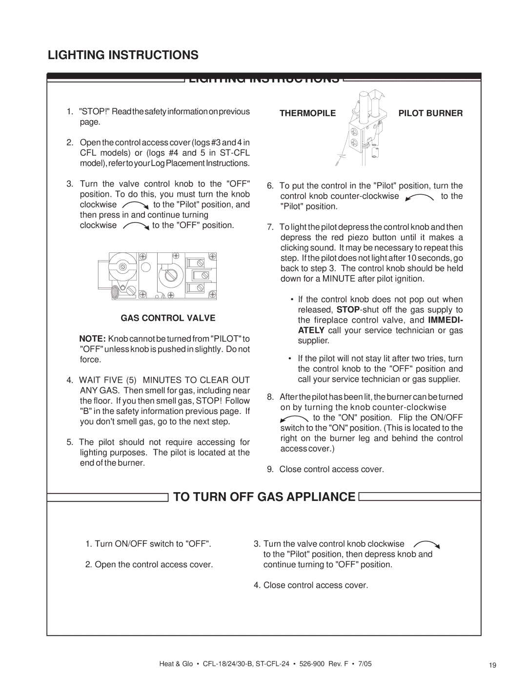 Heat & Glo LifeStyle ST-CFL-24LP, CFL-30LP-B, CFL-24LP-B, CFL-18LP-B manual Lighting Instructions, To Turn OFF GAS Appliance 