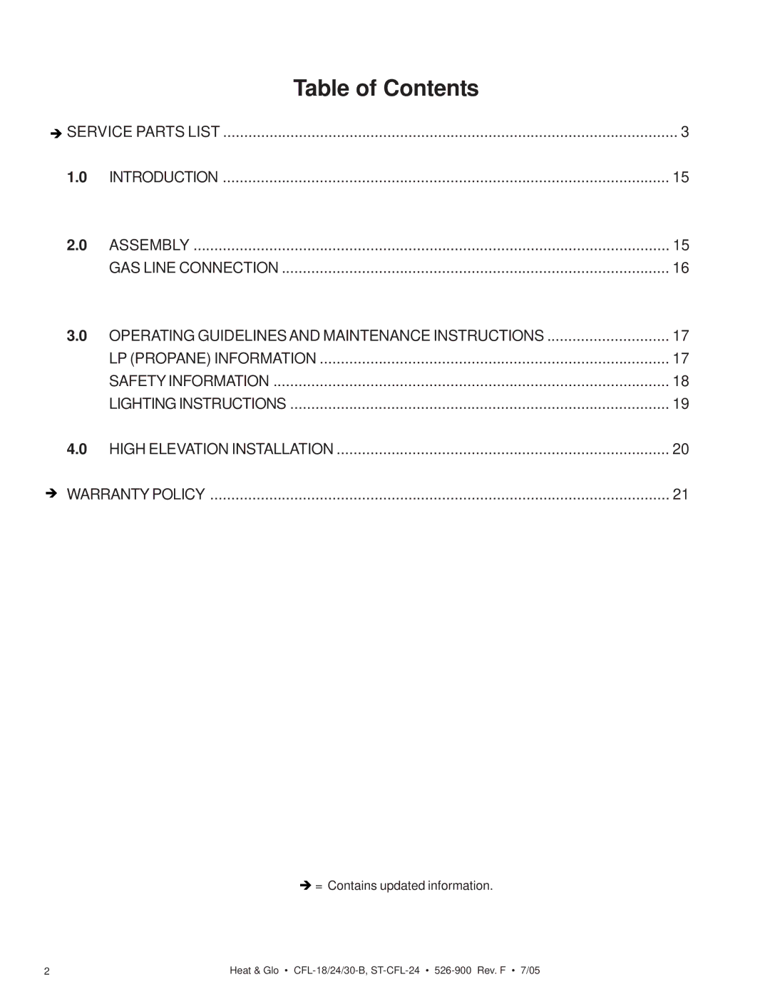 Heat & Glo LifeStyle CFL-18LP-B, CFL-30LP-B, CFL-24LP-B, ST-CFL-24LP manual Table of Contents 