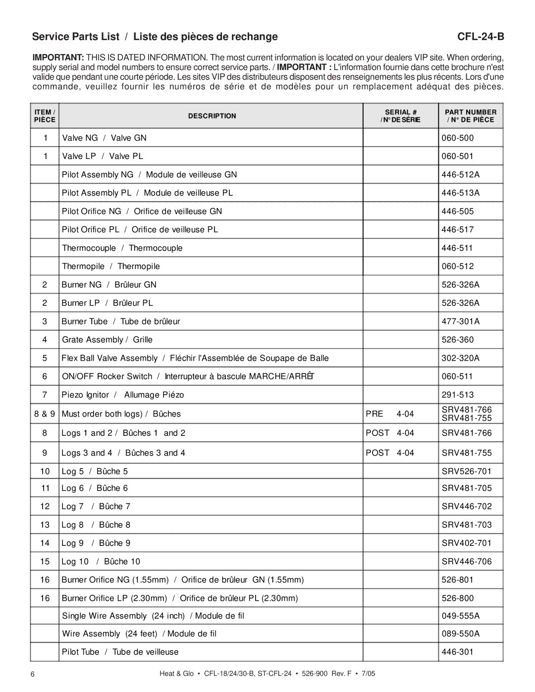 Heat & Glo LifeStyle CFL-18LP-B, CFL-30LP-B, CFL-24LP-B manual Service Parts List / Liste des pièces de rechange CFL-24-B 