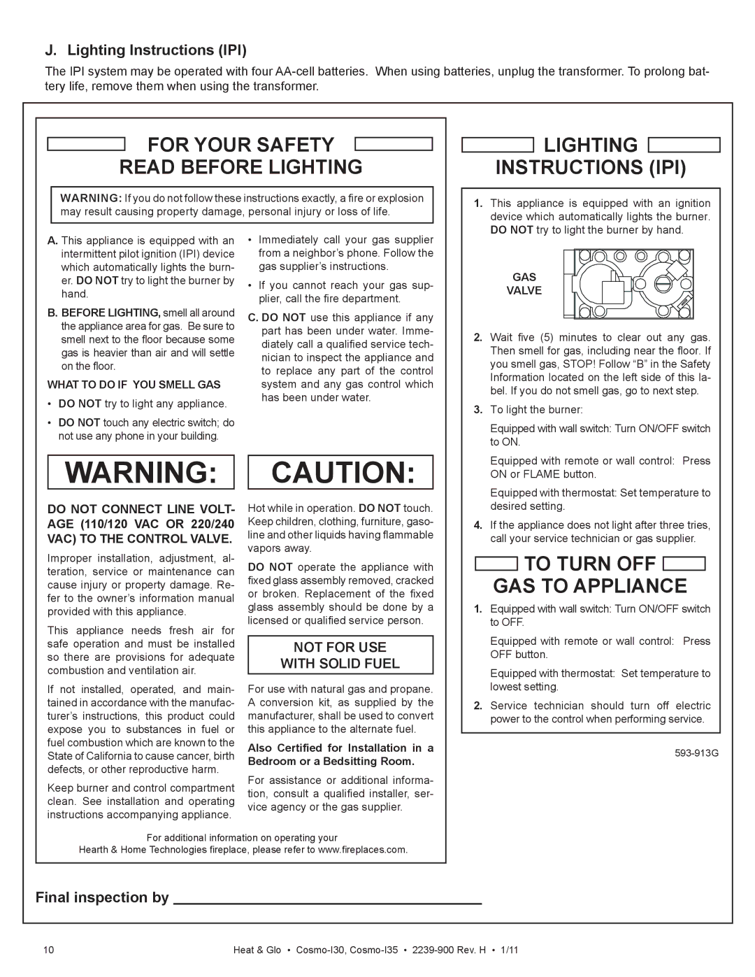 Heat & Glo LifeStyle Cosmo-130 Lighting Instructions IPI, Final inspection by, What to do if YOU Smell GAS, GAS Valve 