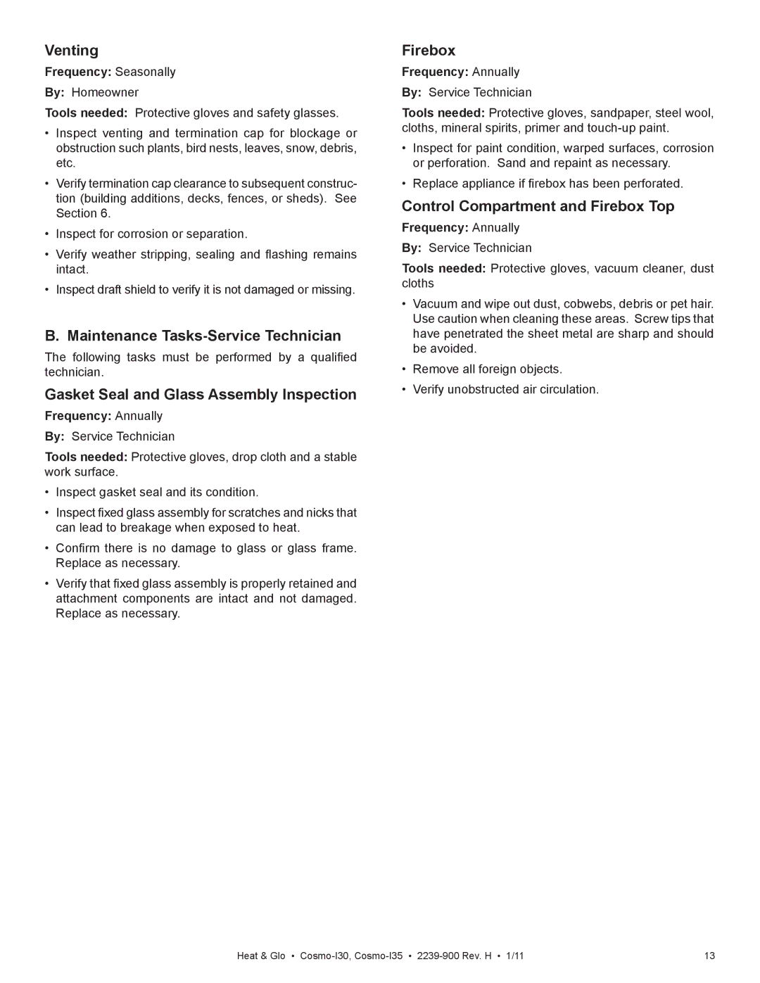 Heat & Glo LifeStyle Cosmo-130 Venting, Maintenance Tasks-Service Technician, Gasket Seal and Glass Assembly Inspection 