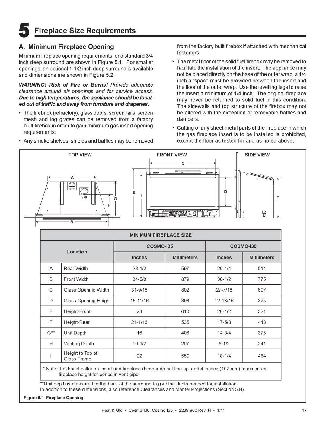 Heat & Glo LifeStyle Cosmo-130 owner manual Fireplace Size Requirements, Minimum Fireplace Opening, COSMO-I35 COSMO-I30 