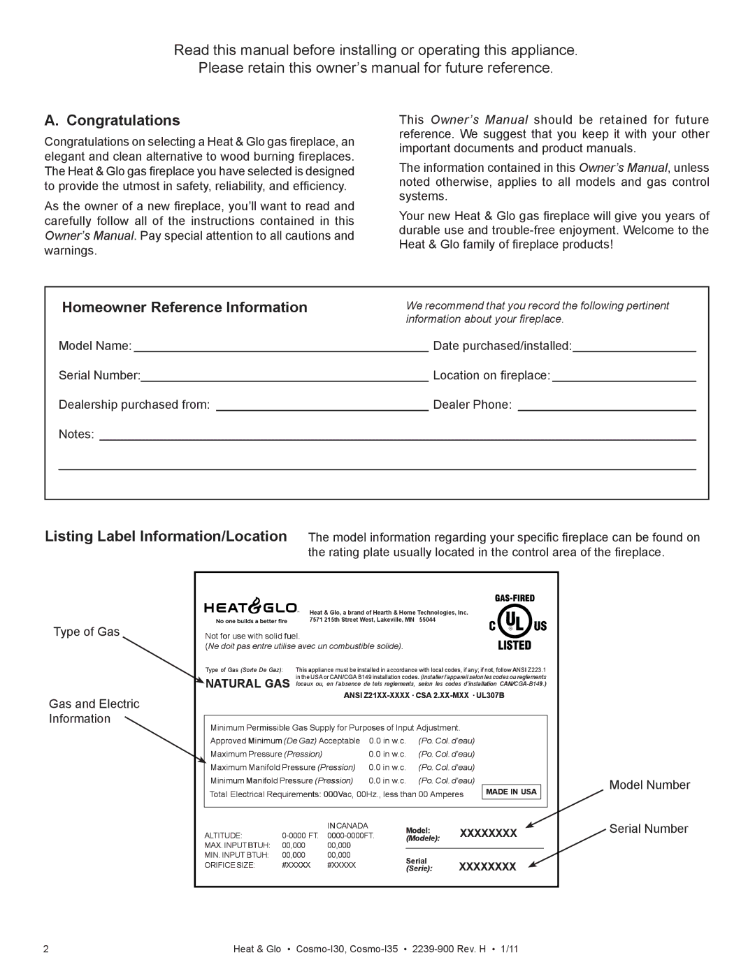 Heat & Glo LifeStyle Cosmo-130 owner manual Congratulations, Homeowner Reference Information 