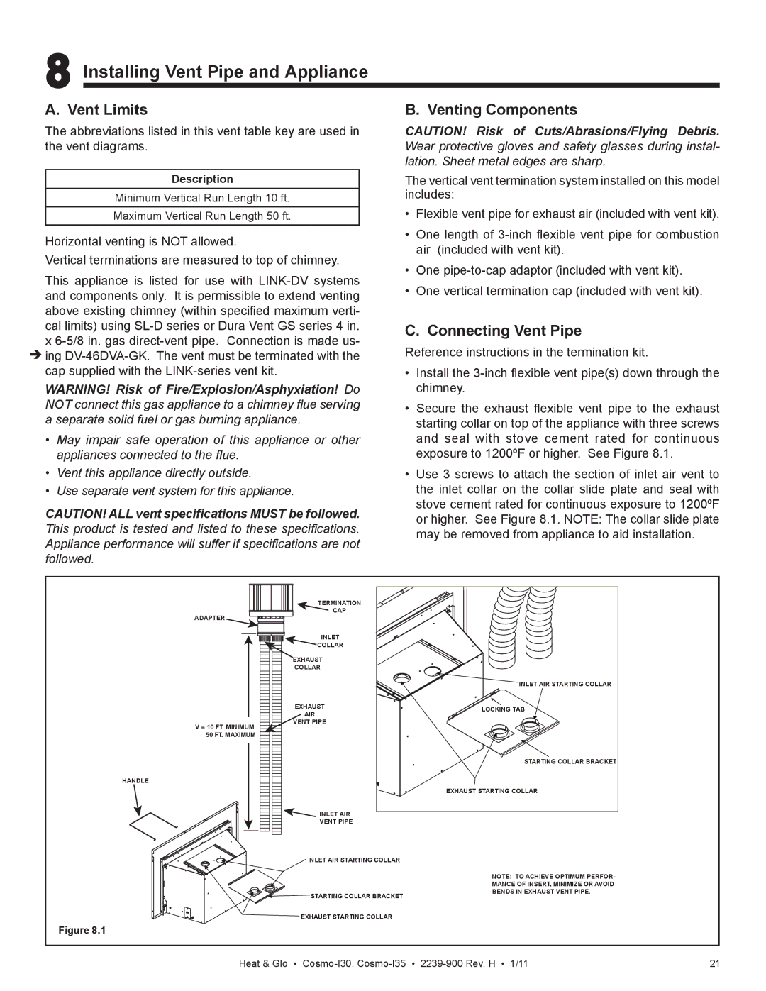 Heat & Glo LifeStyle Cosmo-130 Installing Vent Pipe and Appliance, Vent Limits, Venting Components, Connecting Vent Pipe 