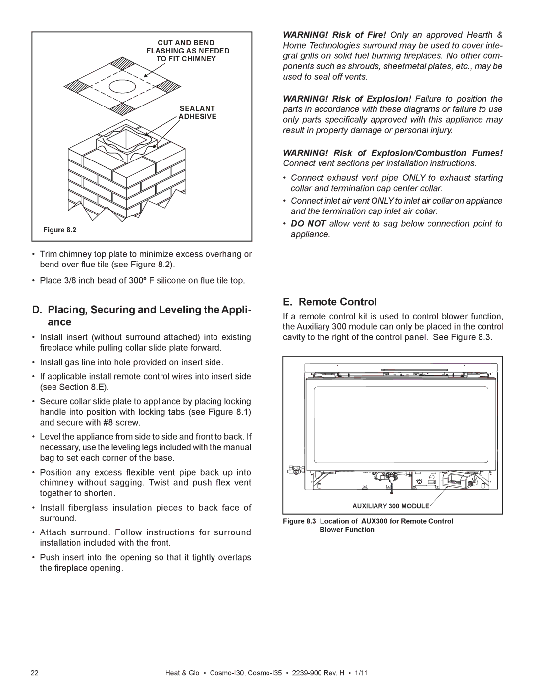 Heat & Glo LifeStyle Cosmo-130 owner manual Placing, Securing and Leveling the Appli- ance 