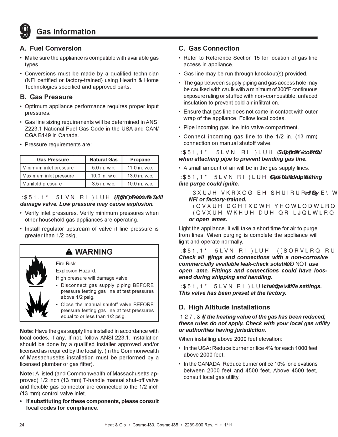 Heat & Glo LifeStyle Cosmo-130 owner manual Gas Information, Fuel Conversion, Gas Pressure, Gas Connection 