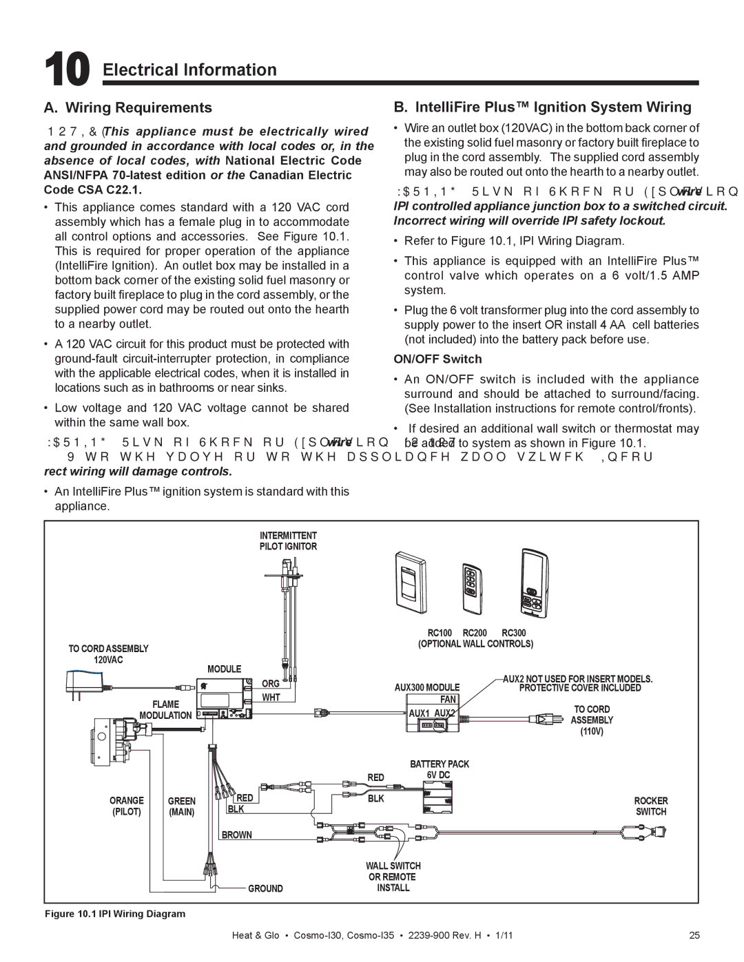 Heat & Glo LifeStyle Cosmo-130 Electrical Information, Wiring Requirements, IntelliFire Plus Ignition System Wiring 