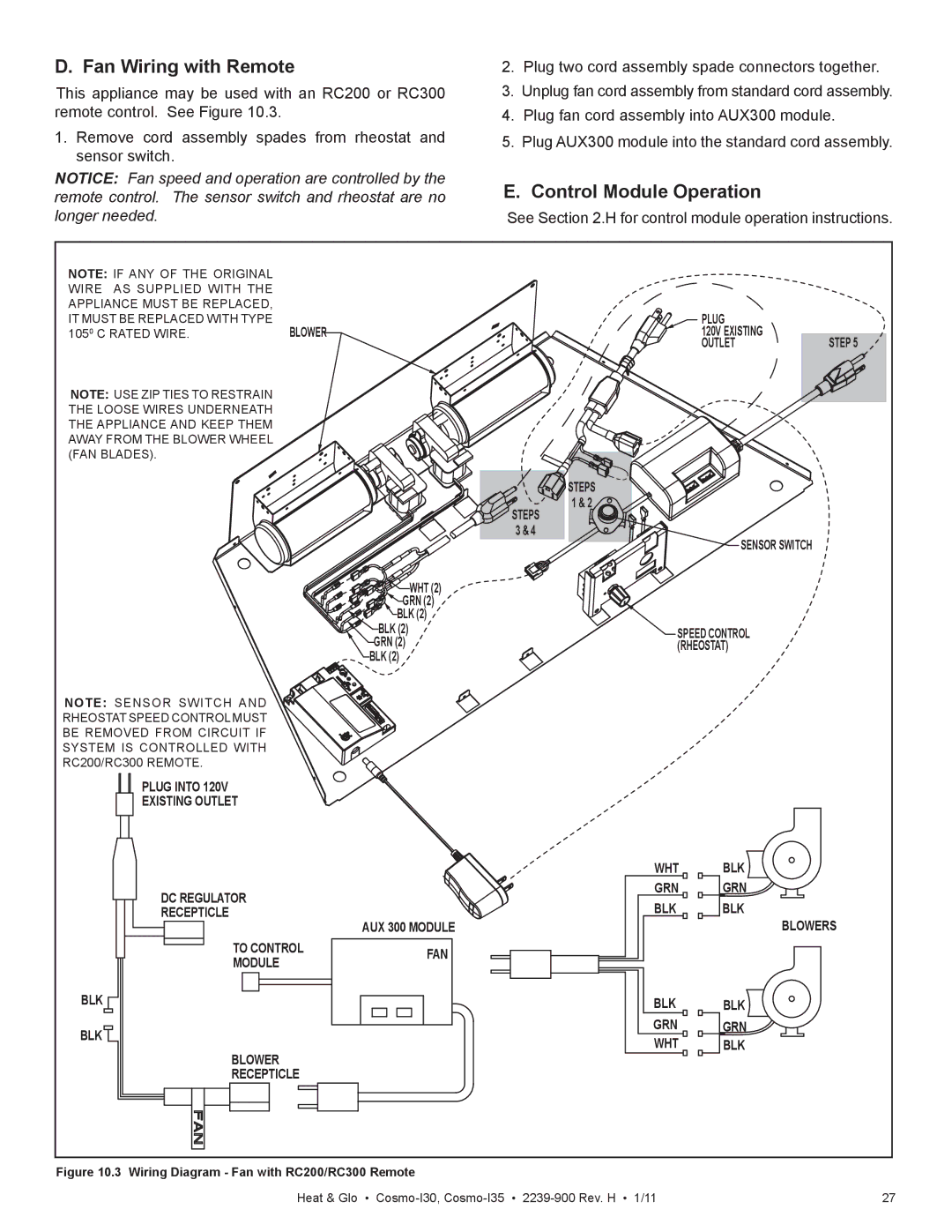 Heat & Glo LifeStyle Cosmo-130 owner manual Fan Wiring with Remote, AUX 300 Module FAN WHT GRN BLK Blowers 