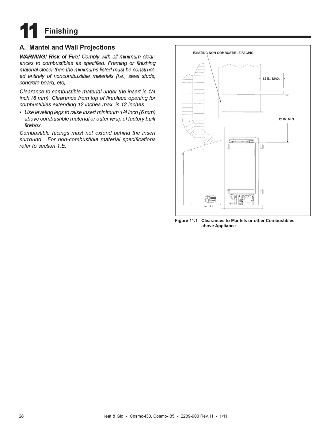 Heat & Glo LifeStyle Cosmo-130 owner manual Finishing, Clearances to Mantels or other Combustibles above Appliance 